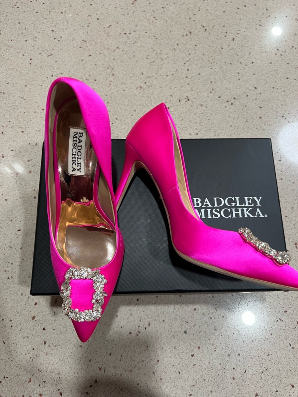 Badgley Mischka Hot Pink Satin Crystal-Buckle Pointed Pumps - Picture 3 of 8